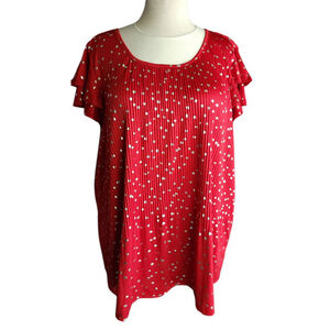 Fyve 3X Red Pleated Blouse Silver Metallic Dots Ruffle Sleeves Plus Size Top